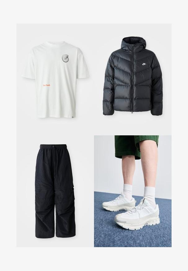 Chaqueta acolchada negra con capucha, con cierre de cremallera al frente, diseño de acolchado en forma de chevron, bolsillos laterales y logo de Nike en el pecho.; Camiseta blanca de manga corta con un diseño abstracto en blanco y negro de fósil en el lado izquierdo del pecho y texto en naranja "Fósiles de Texas" en el frente.; Pantalones cargo negros de nylon ligero con cinturilla elástica, cordón ajustable y múltiples bolsillos en capas en las piernas.; Zapatillas deportivas blancas con superposiciones texturizadas, una suela gruesa y acentos grises. Llevadas con calcetines blancos hasta la pantorrilla y pantalones cortos verdes sobre una superficie azul.