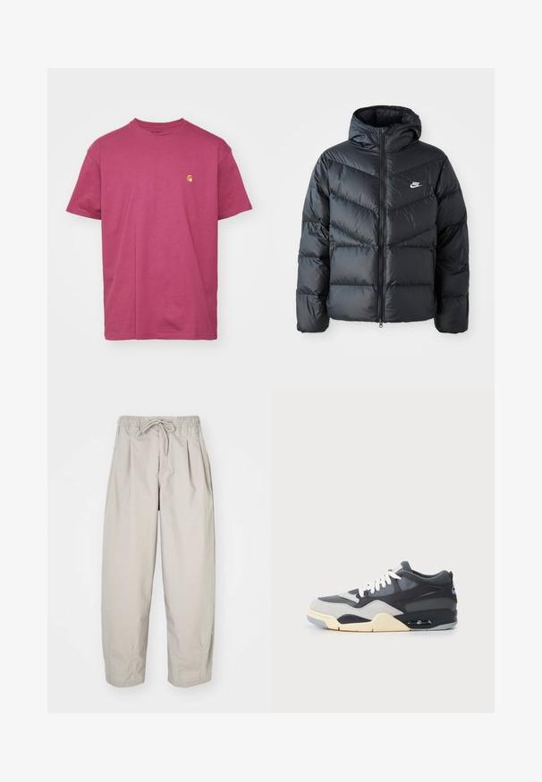 Czarna kurtka puchowa z kapturem, z zamkiem z przodu, w karoowy wzór, z bocznymi kieszeniami i logo Nike na piersi.; Carhartt WIP CHASE bordowy; Beżowe, lekkie spodnie z elastycznym pasem i sznurkiem do regulacji. Posiadają pliski i luźny krój, wykonane z miękkiego, gładkiego materiału.; Sneaker z górną częścią wykonaną z mieszanych materiałów w odcieniach szaro-niebieskich, z amortyzowaną podeszwą, białymi sznurówkami oraz niebieskim akcentem logo na pięcie.