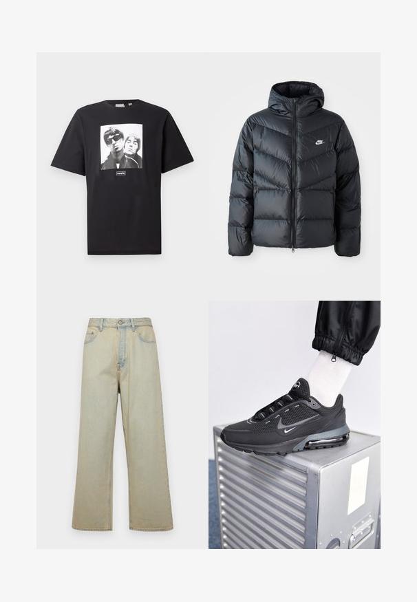 Schwarze Pufferjacke mit Kapuze, mit Reißverschluss vorne, Chevron-Steppdesign, Seiten Taschen und Nike-Logo auf der Brust.; Schwarzes Baumwoll-T-Shirt mit einem quadratischen weißen Grafik von zwei Figuren, darunter das Logo "oasis". Kurzärmlig, Rundhalsausschnitt.; Hellblaue, weit geschnittene Jeans aus Denim mit einem verblassten Finish. Mit fünf Taschen und einem Knopfverschluss vorne.; Nike Sportswear PULSE - Sneaker low - black/anthracite