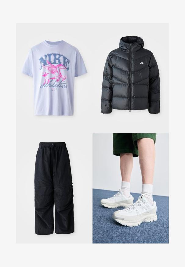 Melnā pūkaina jaka ar kapuci, ar rāvējslēdzēju priekšā, šķautņu šuvuma dizainu, sānu kabatām un Nike logotipu uz krūtīm.; Gaiši violets kokvilnas T-krekls ar rozā un zila spārnotā zirga grafiku, uz kura redzams teksts "NIKE" un "athletics", īsām piedurknēm un apaļu kakla izgriezumu.; Melnas vieglas neilona cargo bikses ar elastīgu jostu, regulējamu auklu un vairākiem slāņotiem kabatām uz kājām.; Baltas sporta apavi ar teksturētām detaļām, masīvu zoli un pelēkiem akcentiem. Valkāti ar baltiem zeķu pēdu apģērbiem un zaļām šortiem uz zilas virsmas.
