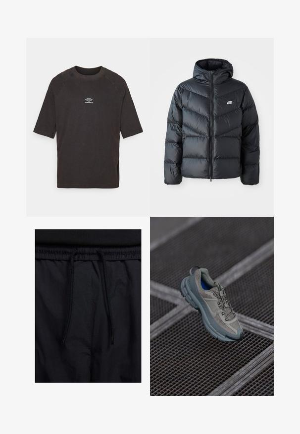 Melnā pūkaina jaka ar kapuci, ar rāvējslēdzēju priekšā, šķautņu šuvuma dizainu, sānu kabatām un Nike logotipu uz krūtīm.; Melna kokvilnas T-kunga ar īsām piedurknēm, apaļu kakla izgriezumu, raglanu piedurknēm, ar baltu Umbro logo uz krūtīm un sānu šķēlumiem apakšmalā.; Melni šorti ar sašūtu jostu, viegls audums ar gludu tekstūru un vienkāršs dizains bez redzamiem logotipiem vai paraugiem.; Bežīgas un pelēkas sporta kurpes ar teksturētu sieta augšdaļu, noapaļotu purngalu un gumijas zoli, satur šņores un mīkstinātu apkakli.