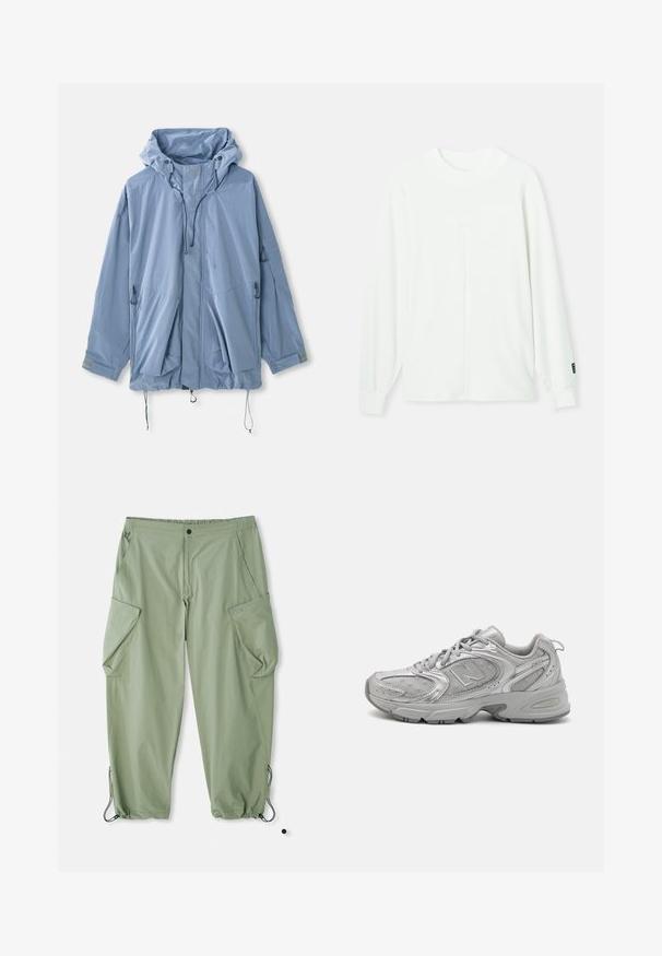 Hele sinise kapuutsiga jakk, reguleeritavate nööridega, kahe eesmise taskuga ja elastsete mansettidega. Valmistatud veekindlast materjalist, millel on sile tekstuur.; Valge pika varrukaga pullover ümarate kaelustega, ribitud mansettide ja keskmise õmblusega, mis jookseb vertikaalselt piki esiosa. Pehme kangas.; Valge puuvillane golfi särk ilma varrukateta, ümmarguse kaelusega, sileda tekstuuri ja sobiva lõikega, mõeldud igapäevaseks kandmiseks.; Heledad rohelised cargo püksid, millel on elastne vöökoht, mitu külge taskut ja nöörid pahkluude juures. Valmistatud vastupidavast tekstuuriga kangast.; Hõbedane sportlik jalanõud, millel on stiilne disain, võrkpaneelid, pehmendatud keel, tekstureeritud sünteetiline pealmine osa ja kummist välistald haardumise tagamiseks.