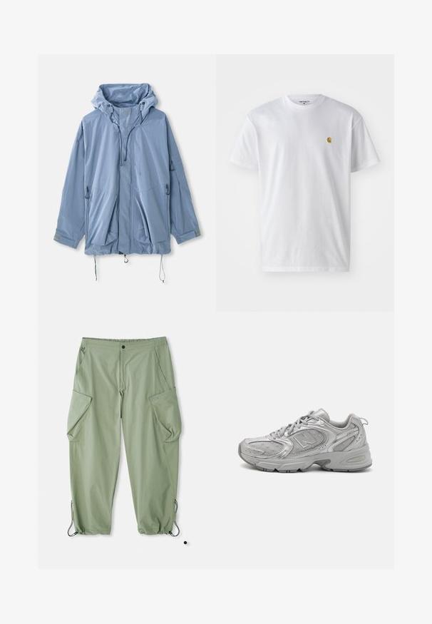 Lichtblauwe jas met een capuchon, verstelbare trekkoorden, twee voorkruiszakken en elastische manchetten. Gemaakt van waterafstotend materiaal met een gladde textuur.; Witte katoenen t-shirt met korte mouwen en ronde hals, voorzien van een klein gouden logo op de linkerkant van de borst. Zachte textuur en een normale pasvorm.; Lichtgroene cargobroek met een elastische tailleband, meerdere zijzakken en trekkoorden bij de enkels. Gemaakt van duurzaam, gestructureerd materiaal.; Zilveren hardloopschoen met een slank design, gaaspanelen, een gevoerde tong, textuur van synthetisch bovenwerk en rubberen buitenzool voor grip.