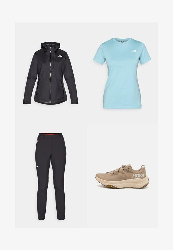 Črna vodoodporna jakna s kapuco, z zadrgo spredaj, nastavljivimi vrvicami in dvema stranskima žepoma z zadrgo. Ima logo na prsih.; Svjetloplava pamučna majica s kratkim rukavima i okruglim izrezom; sadrži mali bijeli logo na gornjem lijevom dijelu grudi.; Salewa PEDROC PANT - Hlače za na prostem - black out; Bež čevlji za pohodništvo z teksturirano zgornjico, Vibram podplatom in elastičnimi vezalkami. Imajo HOKA logotip in GORE-TEX oznako za vodoodpornost.