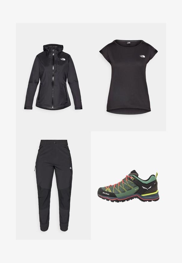 Čierna nepremokavá bunda s kapucňou, predným zipsom, nastaviteľnými šnúrkami a dvoma zipsovými bočnými vreckami. Má logo na hrudi.; The North Face TANKEN TANK - Športové tričko - black; Čierne vonkajšie nohavice vyrobené z odolného materiálu. Obsahujú vrecká na zips, zosilnené kolenné panely a rovný strih pre pohyblivosť.; Zelená a čierna turistická obuv s textúrovaným sieťovaným vrchom, červenými šnúrkami, žltými akcentmi a robustnou podrážkou navrhnutou na trakciu.