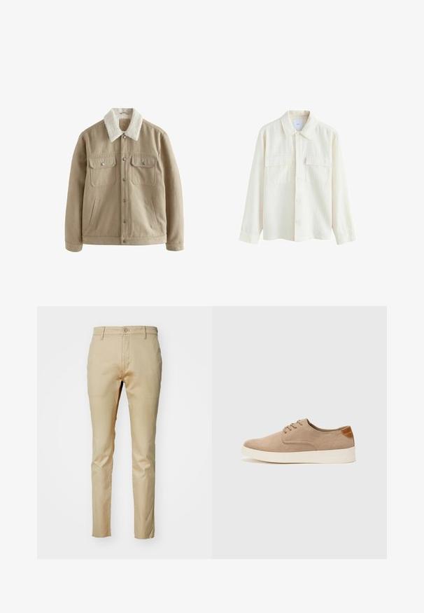 Beige dzseki puha, fehér, bolyhos gallérral. Két mellzseb, oldalzsebek és ezüst színű patent gombok jellemzik. Pamut anyag, sima tapintással.; Krém színű, texturált anyagból készült, gombos ing, nyakkal, két mellzsebbel és hosszú ujjal, gombos mandzsettával.; DOCKERS ORIGINAL - Nadrágok - safari; Beige velúr sportcipő, kerek orral, fűzős elülső résszel és textúrált hátsó részlettel. Fehér gumitalp kontrasztot ad. Egyszerű és modern design.