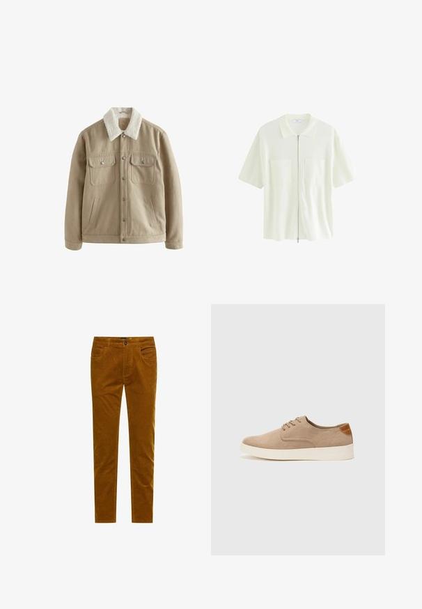 Beige jacket with a soft, white, fuzzy collar. Features two chest pockets, side pockets, and silver snap buttons. Cotton material with a smooth texture.; Short-sleeve, white zip-up shirt made of textured fabric, featuring a collared neckline and two front pockets with square flaps.; Brown corduroy pants with a slim fit, featuring five pockets, a front button closure, and distinctive ribbed texture throughout.; Beige suede sneakers with a rounded toe, lace-up front, and a textured back accent. White rubber sole provides contrast. Simple and modern design.