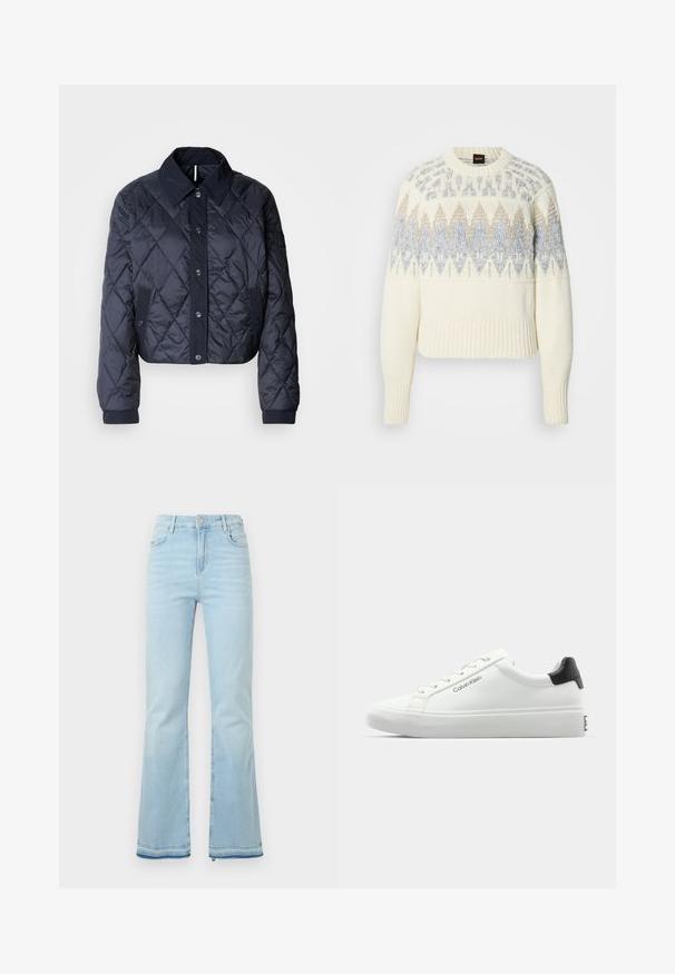 Tumši zils, quiltēts jaka ar lielu apkakli, pogu fasādi un elastīgām aprocēm. Satur diagonālas šuves un sānu kabatas. Mīksta, gluda tekstūra.; Krēmkrāsas adīts džemperis ar ribveida aprocēm un apakšmali, ar zilām un bēšām ģeometriskām rakstiem krūšu un augšējo piedurkņu daļā.; Gai zilgani zvīles, kas izgatavotas no džinsa, ar augstu vidukli, priekšējām kabatām un neapstrādātu apakšmalu, nodrošinot ikdienišķu izskatu.; Baltas sporta apavi ar gludu virsmu, melnu papēža akcentu un šauriem sašuvumiem. Sānos ir "Calvin Klein" zīmols. Minimālistisks stils.