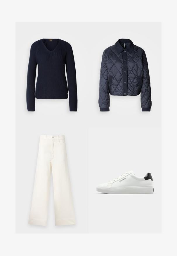 Sötétkék steppelt dzseki nagy gallérral, gombos elülső résszel és rugalmas mandzsettákkal. Áttört varrásokkal és oldalsó zsebekkel rendelkezik. Puha, sima textúrájú.; Sötétkék kötött pulóver, V nyakkal, hosszú raglán ujjakkal, és texturált anyagból készült. Az alján, a bal oldalon egy kis logó található.; Világos bézs pamut széles lábú nadrág. Magas derék, elülső zsebek és egyenes vonalú fazon jellemzi. Tiszta, mintázat nélküli hem befejezés.; Fehér sneaker sima felülettel, fekete sarok akcentussal és fűzős dizájnnal. Oldalán "Calvin Klein" márkázás található. Minimalista stílus.