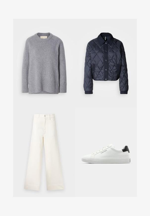 Marineblauer, gesteppter Regenmantel mit großem Kragen, Knopfverschluss vorne und elastischen Manschetten. Mit diagonaler Naht und Seitentaschen. Weiche, glatte Textur.; Hellgrauer, langärmliger Rundhals-Pullover mit gerippten Bündchen und Saum aus weichem Strickmaterial.; Weite Hosen aus hellem beigen Baumwollstoff. Mit hoher Taille, vorderen Taschen und geradem Schnitt. Saubere Saumverarbeitung ohne Muster.; Weißer Sneaker mit glatter Oberfläche, schwarzem Absatz und Schnürdesign. Mit "Calvin Klein"-Branding an der Seite. Minimalistischer Stil.