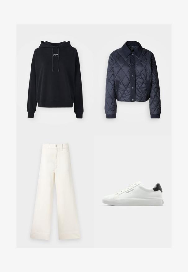 Námornícky modrá prešívaná bunda s veľkým golierom, predným zapínaním na gombíky a elastickými manžetami. Obsahuje diagonálne prešitie a bočné vrecká. Mäkká, hladká štruktúra.; Čierna mikina s kapucňou vyrobená z mäkkej látky, s regulovateľnou kapucňou, vo voľnom strihu a vyšitým textom na prednej strane. Ribbed lem a manžety.; Široké nohavice z ľahkej béžovej bavlny. Majú vysoký pás, predné vrecká a rovný strih. Čisté ukončenie bez vzorov.; Biele tenisky s hladkým povrchom, čiernym akcentom na päte a šnurovacími detailmi. Na boku je značka "Calvin Klein". Minimalistický štýl.