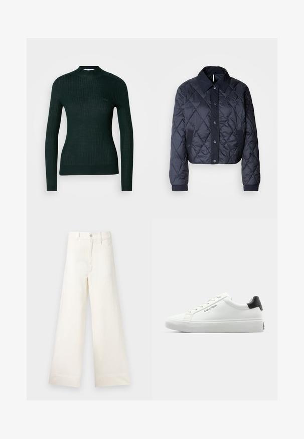 Jachetă matlasată de culoare bleumarin, cu un guler mare, închidere cu nasturi și manșete elastice. Prezintă cusături diagonale și buzunare laterale. Textură moale și netedă.; Pulover lung cu maneci lungi, de culoare verde închis, cu guler înalt și un mic logo brodat pe pieptul stâng.; Pantaloni cu croi larg din bumbac bej deschis. Prezintă talie înaltă, buzunare frontale și croi drept. Terminare netedă a tivului, fără modele.; Tenisii albi cu un finisaj neted, cu accent pe toc negru și design cu șireturi. Prezintă branding-ul "Calvin Klein" pe lateral. Stil minimalist.