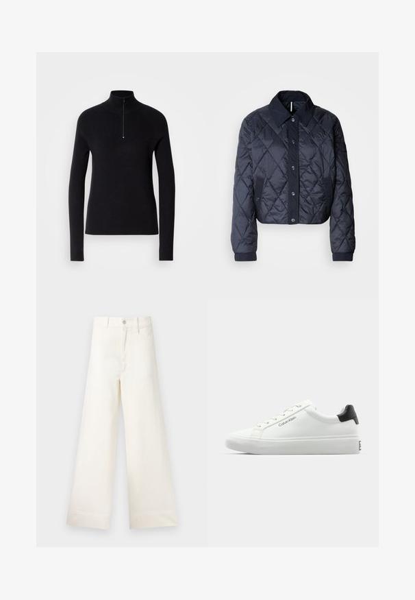 Veste matelassée bleu marine avec un grand col, fermeture à boutons et poignets élastiques. Comprend des coutures diagonales et des poches latérales. Texture douce et lisse.; Pull en tricot noir avec un col haut et une demi-fermeture éclair, présentant une texture côtelée et des manches longues. Design simple et ajusté.; Pantalons large en coton beige clair. Dotés d'une taille haute, de poches latérales et d'une coupe droite. Finition ourlet propre sans motifs.; Sneaker blanche avec une finition lisse, accent noir au talon et design à lacets. Présente le logo "Calvin Klein" sur le côté. Style minimaliste.