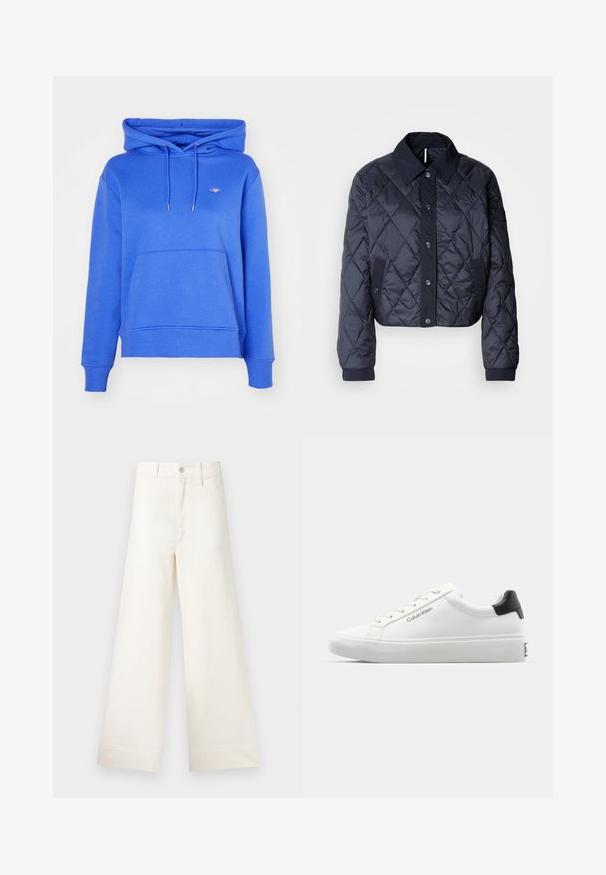 Mornarsko modra kvačkana jakna z velikim ovratnikom, gumbi spredaj in elastičnimi manšetami. Ima diagonalno šivanje in stranske žepe. Mehka, gladka tekstura.; GANT SHIELD HOODIE - Pulover s kapuco - greece blue; Široke hlače iz svetlo bež bombaža. Imajo visoko pas, sprednje žepke in ravno krojenje. Čist zaključek brez vzorcev.; Beli športni čevelj z gladko površino, črnim podplatom in sistemom vezalk. Na strani je oznaka "Calvin Klein". Minimalističen slog.