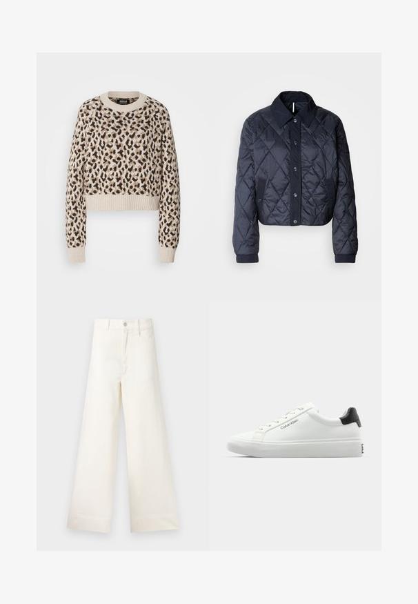 Sötétkék steppelt dzseki nagy gallérral, gombos elülső résszel és rugalmas mandzsettákkal. Áttört varrásokkal és oldalsó zsebekkel rendelkezik. Puha, sima textúrájú.; Barna és fekete árnyalatokban mintaolt leopárd mintás bézs cropped pulóver. Bordás mandzsettákkal és alsó résszel rendelkezik, kerek nyakkivágása van.; Világos bézs pamut széles lábú nadrág. Magas derék, elülső zsebek és egyenes vonalú fazon jellemzi. Tiszta, mintázat nélküli hem befejezés.; Fehér sneaker sima felülettel, fekete sarok akcentussal és fűzős dizájnnal. Oldalán "Calvin Klein" márkázás található. Minimalista stílus.