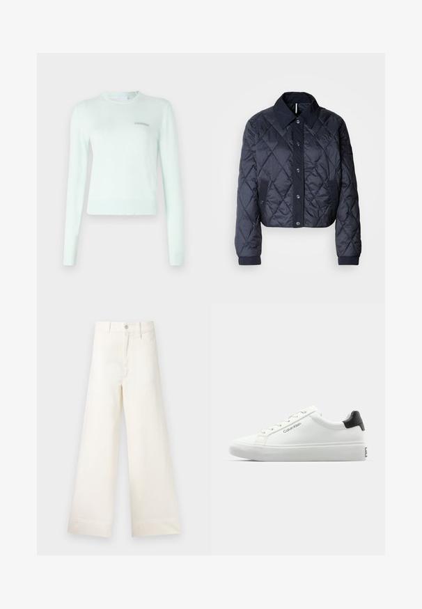 Marineblauer, gesteppter Regenmantel mit großem Kragen, Knopfverschluss vorne und elastischen Manschetten. Mit diagonaler Naht und Seitentaschen. Weiche, glatte Textur.; Mintgrüner Pullover aus weichem Stoff, mit langen Ärmeln, einem gerippten Halsausschnitt und Bündchen sowie einem kleinen gestickten Logo auf der Brust.; Weite Hosen aus hellem beigen Baumwollstoff. Mit hoher Taille, vorderen Taschen und geradem Schnitt. Saubere Saumverarbeitung ohne Muster.; Weißer Sneaker mit glatter Oberfläche, schwarzem Absatz und Schnürdesign. Mit "Calvin Klein"-Branding an der Seite. Minimalistischer Stil.