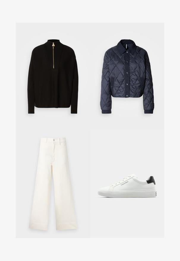Sötétkék steppelt dzseki nagy gallérral, gombos elülső résszel és rugalmas mandzsettákkal. Áttört varrásokkal és oldalsó zsebekkel rendelkezik. Puha, sima textúrájú.; Fekete pulóver magas gallérral, félig cipzárral és bordázott részletekkel. Hosszú ujjú, laza fazonú, egyenes szegéllyel.; Világos bézs pamut széles lábú nadrág. Magas derék, elülső zsebek és egyenes vonalú fazon jellemzi. Tiszta, mintázat nélküli hem befejezés.; Fehér sneaker sima felülettel, fekete sarok akcentussal és fűzős dizájnnal. Oldalán "Calvin Klein" márkázás található. Minimalista stílus.