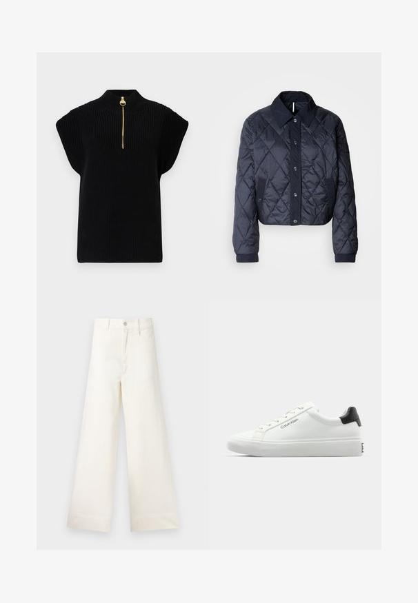 Sötétkék steppelt dzseki nagy gallérral, gombos elülső résszel és rugalmas mandzsettákkal. Áttört varrásokkal és oldalsó zsebekkel rendelkezik. Puha, sima textúrájú.; Fekete kötött felső magas nyakkal és rövid ujjakkal, arany zipzárral a nyakán. Texturált anyag bordázott mintázattal.; Világos bézs pamut széles lábú nadrág. Magas derék, elülső zsebek és egyenes vonalú fazon jellemzi. Tiszta, mintázat nélküli hem befejezés.; Fehér sneaker sima felülettel, fekete sarok akcentussal és fűzős dizájnnal. Oldalán "Calvin Klein" márkázás található. Minimalista stílus.
