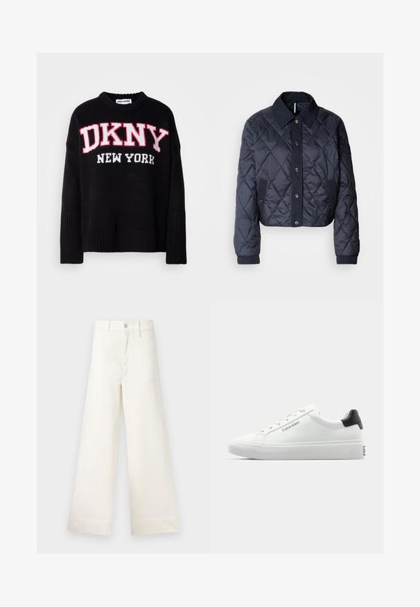 Giacca trapuntata blu navy con un ampio colletto, chiusura anteriore con bottoni e polsini elasticizzati. Presenta cuciture diagonali e tasche laterali. Tessuto morbido e liscio.; Maglione nero a maglia con collo tondo e polsini a costine. Bold logo "DKNY" in rosso e bianco, con "NEW YORK" sottostante. Texture morbida.; Pantaloni a gamba larga in cotone beige chiaro. Caratterizzati da vita alta, tasche anteriori e un taglio dritto. Orlo pulito senza motivi.; Sneaker bianca con finitura liscia, accentuazione nera sul tallone e design con lacci. Presenta il marchio "Calvin Klein" sul lato. Stile minimalista.