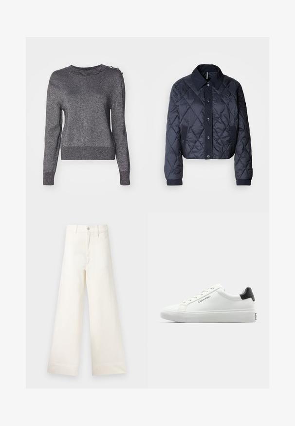 Jachetă matlasată de culoare bleumarin, cu un guler mare, închidere cu nasturi și manșete elastice. Prezintă cusături diagonale și buzunare laterale. Textură moale și netedă.; Pulover gri metalizat cu mâneci lungi, un decolteu rotund cu nervuri și accente decorative cu butoane pe un umăr. Textură netedă cu o ușoară strălucire.; Pantaloni cu croi larg din bumbac bej deschis. Prezintă talie înaltă, buzunare frontale și croi drept. Terminare netedă a tivului, fără modele.; Tenisii albi cu un finisaj neted, cu accent pe toc negru și design cu șireturi. Prezintă branding-ul "Calvin Klein" pe lateral. Stil minimalist.