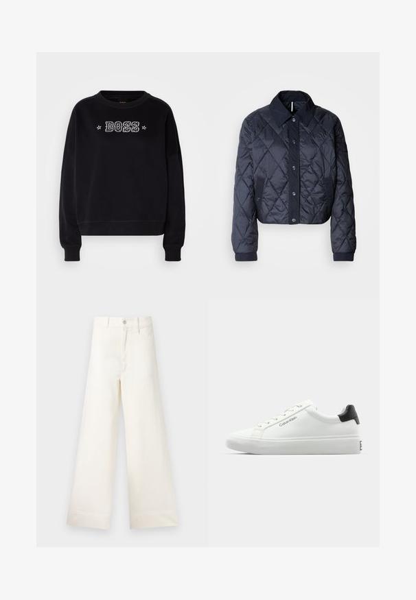 Tmavě modrá prošívaná bunda s velkým límcem, zapínáním na knoflíky a elastickými manžetami. Má diagonální prošití a boční kapsy. Měkká, hladká textura.; Černá mikina s kulatým výstřihem a dlouhými rukávy. Na přední straně má vyšívané logo "BOSS" a hvězdné akcenty.; Kalhoty s širokými nohavicemi v světle béžové bavlně. Mají vysoký pas, přední kapsy a rovný střih. Čistý lem bez vzorů.; Bílé tenisky s hladkým povrchem, černým akcentem na patě a šněrovacím designem. Na boku mají značku "Calvin Klein". Minimalistický styl.