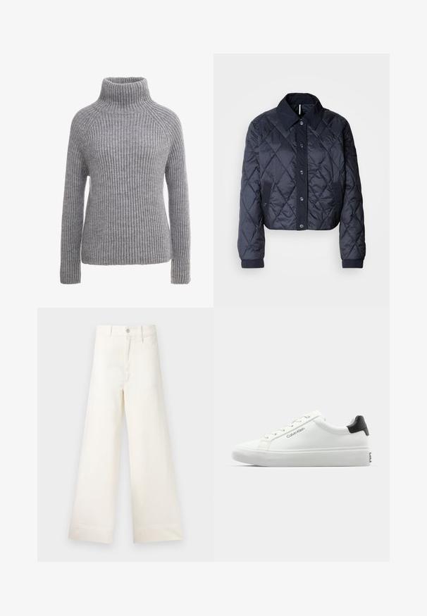 Mornarsko modra kvačkana jakna z velikim ovratnikom, gumbi spredaj in elastičnimi manšetami. Ima diagonalno šivanje in stranske žepe. Mehka, gladka tekstura.; Sivkasta pletena jopica z visokim kolesarskim ovratnikom, rebrasto teksturo in dolgimi rokavi. Ima raglan šive in prilegnjeno silhueto.; Široke hlače iz svetlo bež bombaža. Imajo visoko pas, sprednje žepke in ravno krojenje. Čist zaključek brez vzorcev.; Beli športni čevelj z gladko površino, črnim podplatom in sistemom vezalk. Na strani je oznaka "Calvin Klein". Minimalističen slog.