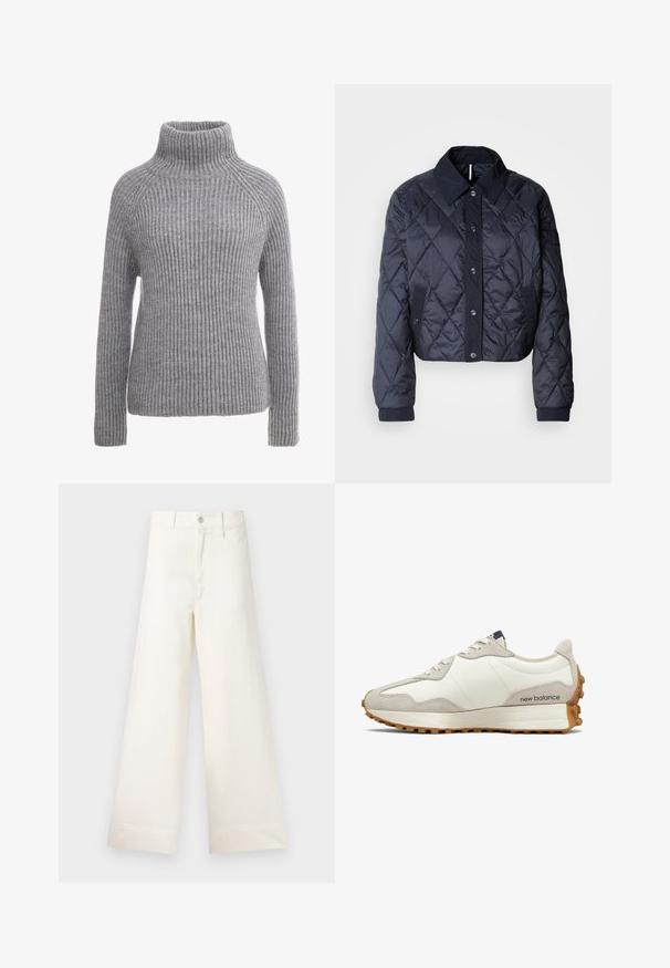 Casaco acolchoado azul marinho com um grande colarinho, fecho de botões e punhos elásticos. Apresenta costura diagonal e bolsos laterais. Textura suave e lisa.; Sweater cinzento de malha com um alto gola alta, textura canelada e mangas longas. Apresenta costuras raglan e uma silhueta ajustada.; Calças largas em algodão bege claro. Apresentam uma cintura alta, bolsos frontais e um corte reto. Acabamento de bainha limpo, sem padrões.; Sapatilha branca e bege com parte superior de couro liso, detalhes em camurça, bico arredondado e sola de borracha texturizada. Nome da marca impresso na lateral.