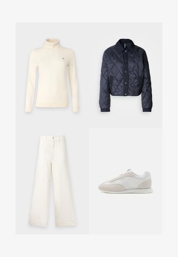 Veste matelassée bleu marine avec un grand col, fermeture à boutons et poignets élastiques. Comprend des coutures diagonales et des poches latérales. Texture douce et lisse.; Pull à col roulé crème en tissu tricoté doux. Présente des manches longues, une coupe ajustée et un petit logo sur la poitrine.; Pantalons large en coton beige clair. Dotés d'une taille haute, de poches latérales et d'une coupe droite. Finition ourlet propre sans motifs.; Baskets de couleur claire comportant un mélange de cuir blanc et de daim beige, avec une semelle texturée et un branding minimaliste sur le côté.