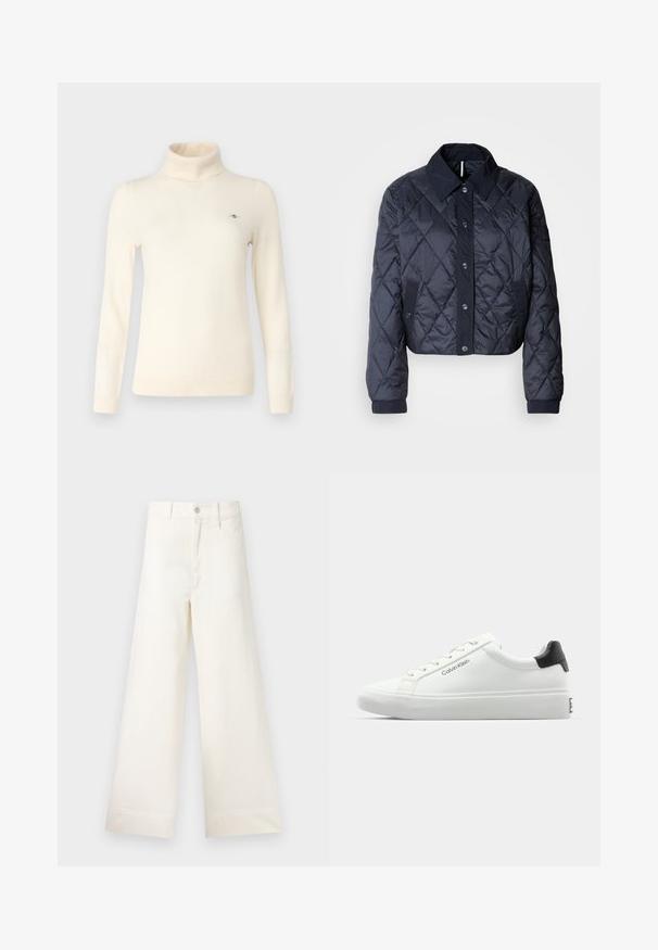 Casaco acolchoado azul marinho com um grande colarinho, fecho de botões e punhos elásticos. Apresenta costura diagonal e bolsos laterais. Textura suave e lisa.; Pullover de gola alta em creme, feito de um tecido de malha suave. Apresenta mangas longas, um design ajustado e um pequeno detalhe de logotipo no peito.; Calças largas em algodão bege claro. Apresentam uma cintura alta, bolsos frontais e um corte reto. Acabamento de bainha limpo, sem padrões.; Sapatilha branca com acabamento liso, detalhe preto no calcanhar e design com atacadores. Apresenta a marca "Calvin Klein" na lateral. Estilo minimalista.