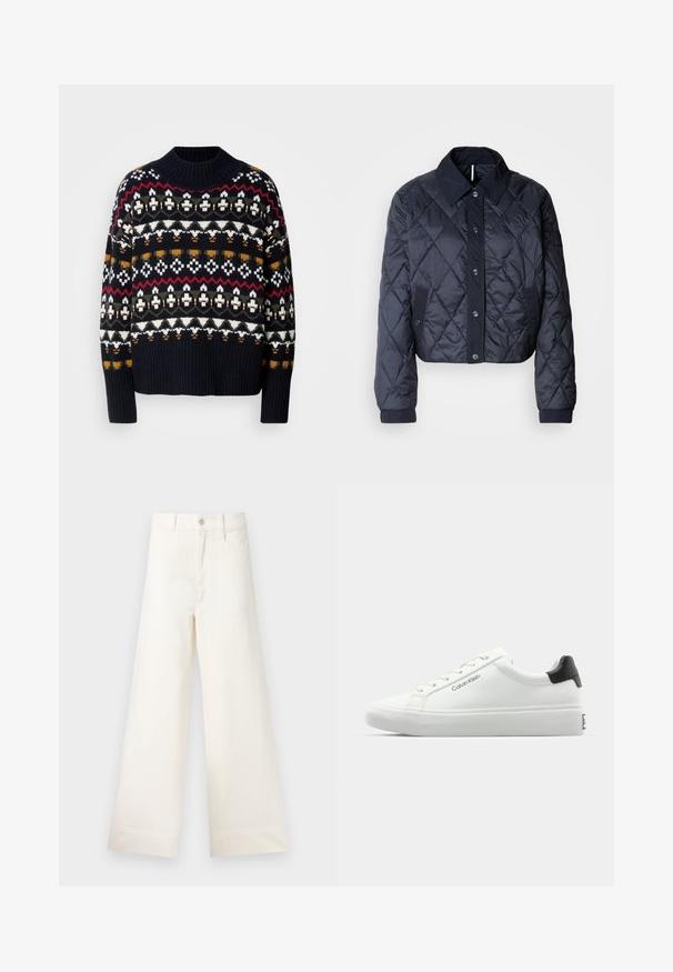 Sötétkék steppelt dzseki nagy gallérral, gombos elülső résszel és rugalmas mandzsettákkal. Áttört varrásokkal és oldalsó zsebekkel rendelkezik. Puha, sima textúrájú.; Kötött sötétkék pulóver, amelyen fehér, piros, olajzöld és sárga Fair Isle minta található, bordás gallérral és szegéllyel, közepes vastagságú.; Világos bézs pamut széles lábú nadrág. Magas derék, elülső zsebek és egyenes vonalú fazon jellemzi. Tiszta, mintázat nélküli hem befejezés.; Fehér sneaker sima felülettel, fekete sarok akcentussal és fűzős dizájnnal. Oldalán "Calvin Klein" márkázás található. Minimalista stílus.