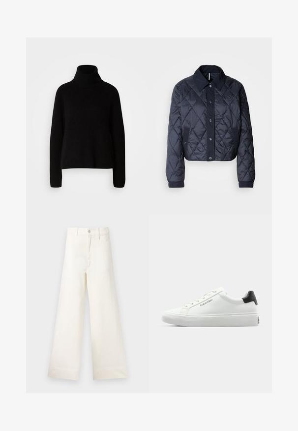 Tumši zils, quiltēts jaka ar lielu apkakli, pogu fasādi un elastīgām aprocēm. Satur diagonālas šuves un sānu kabatas. Mīksta, gluda tekstūra.; Melnās turtleneck džemperis, izgatavots no ribota materiāla; ar garām piedurknēm un brīvu piegriezumu, izceļot vienkāršu un klasisku dizainu.; Platākas kāju bikses gaiši pelēkā kokvilnā. Iespējams augsts jostasvieta, priekšējās kabatas un taisna griezuma. Tīrs apakšmalas apdare bez rakstiem.; Baltas sporta apavi ar gludu virsmu, melnu papēža akcentu un šauriem sašuvumiem. Sānos ir "Calvin Klein" zīmols. Minimālistisks stils.