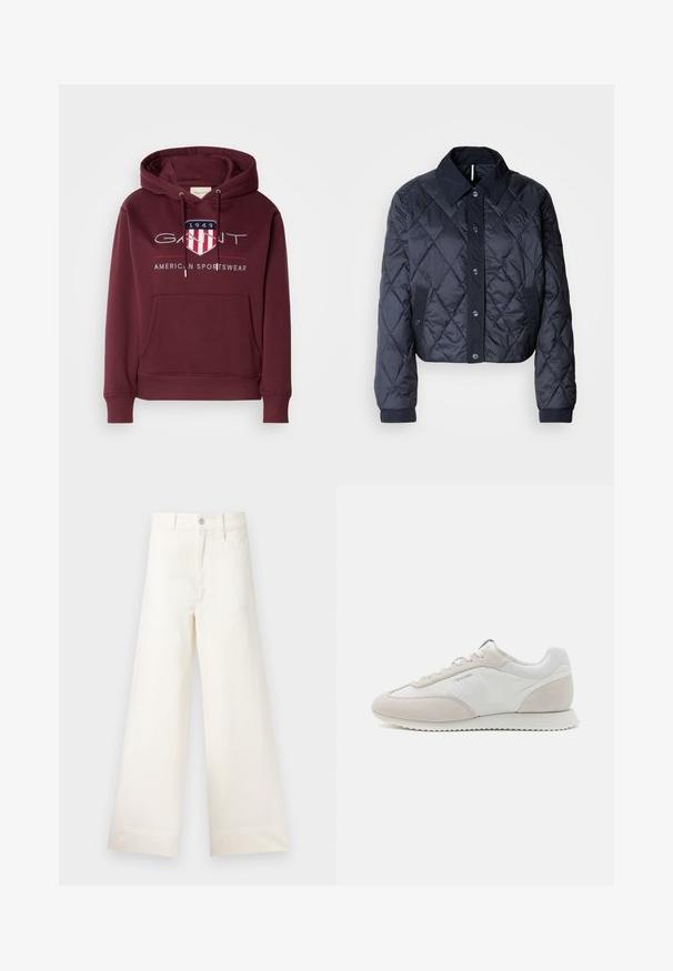 Marineblauer, gesteppter Regenmantel mit großem Kragen, Knopfverschluss vorne und elastischen Manschetten. Mit diagonaler Naht und Seitentaschen. Weiche, glatte Textur.; Bordeauxfarbener Hoodie aus weichem Material mit einer Fronttasche, Kordeln und einem Logo mit einem Schild sowie dem Text "1949" auf der Brust.; Weite Hosen aus hellem beigen Baumwollstoff. Mit hoher Taille, vorderen Taschen und geradem Schnitt. Saubere Saumverarbeitung ohne Muster.; Helle Sneaker aus einer Kombination von weißem Leder und beigem Wildleder, mit einer strukturierten Sohle und minimaler Markenkennzeichnung an der Seite.