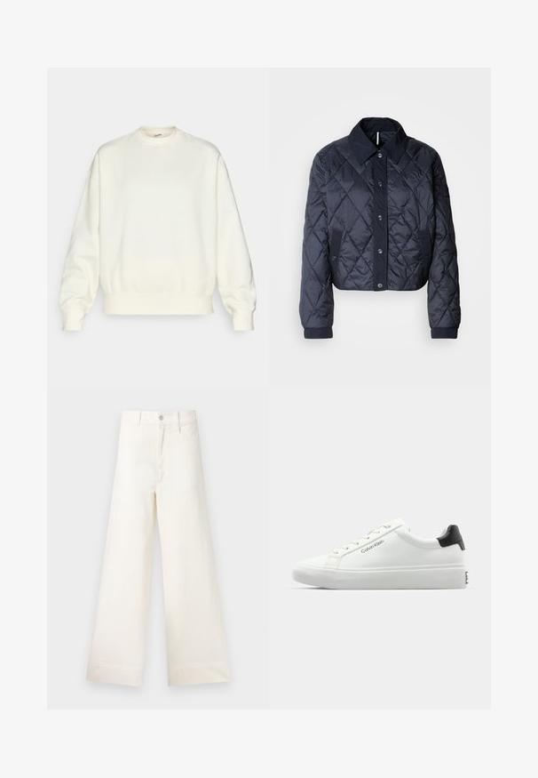 Granatowa pikowana kurtka z dużym kołnierzem, zapinana na guziki, z elastycznymi mankietami. Oferuje skośne przeszycia i boczne kieszenie. Miękka, gładka faktura.; Kremowa bluza wykonana z miękkiego materiału. Posiada okrągły dekolt, obniżone ramiona oraz ściągacze przy mankietach i u dołu. Prosty design bez wzorów.; Szerokie spodnie w jasnym beżowym kolorze wykonane z bawełny. Charakteryzują się wysokim stanem, kieszeniami z przodu oraz prostym krojem. Czyste wykończenie brzegów bez wzorów.; Białe sneakersy o gładkim wykończeniu, z czarnym akcentem na pięcie i sznurowanym zapięciem. Posiadają branding "Calvin Klein" po bokach. Styl minimalistyczny.