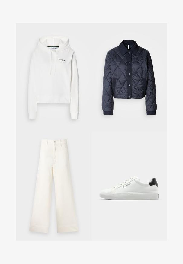 Sötétkék steppelt dzseki nagy gallérral, gombos elülső résszel és rugalmas mandzsettákkal. Áttört varrásokkal és oldalsó zsebekkel rendelkezik. Puha, sima textúrájú.; Fehér kapucnis pulóver puha anyagból, kenguruzsebbel, zsinórral állítható kapucnival és zöld hímzett logóval a mellkason. Rámpás mandzsettákkal rendelkezik.; Fehér, rövid ujjú pamut póló. Kör alakú nyakkivágással és sima textúrával rendelkezik, a szegélyen minimális varrás látható.; Világos bézs pamut széles lábú nadrág. Magas derék, elülső zsebek és egyenes vonalú fazon jellemzi. Tiszta, mintázat nélküli hem befejezés.; Fehér sneaker sima felülettel, fekete sarok akcentussal és fűzős dizájnnal. Oldalán "Calvin Klein" márkázás található. Minimalista stílus.