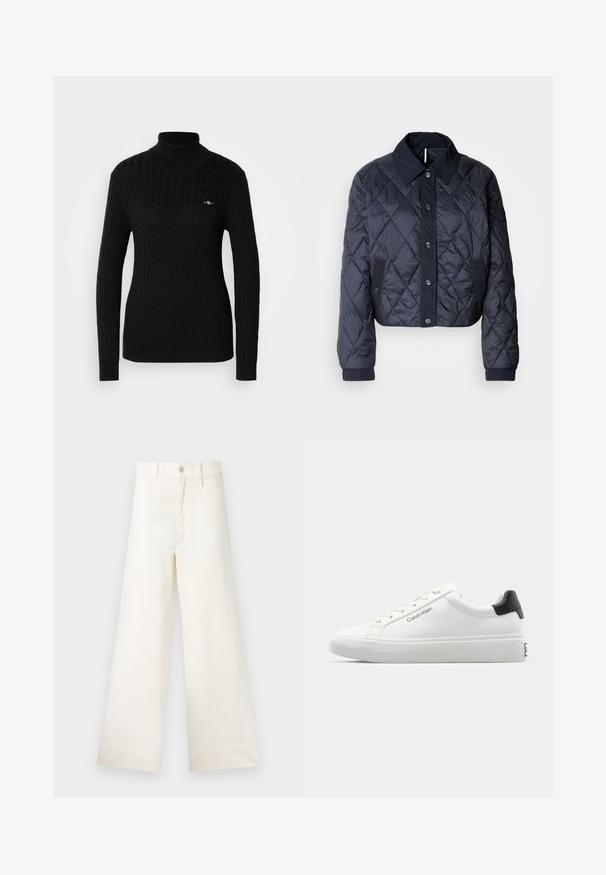 Tumedat sinise värvi tikandiga jakk suure krae, nööpidega esituse ja elastsete mansettidega. Omab diagonaalõmblusi ja küljetaskuid. Pehme, sile tekstuur.; Mustmustarätik, millel on tekstuuriga vabrikud. Omaduseks on pikad varrukad ja kitsas siluett. Rinnal väike logo.; Laiad püksid heleses puuvillas. Omavad kõrget vööd, ees on taskud ja sirge lõige. Puhtad ääred ilma mustriteta.; Valge tennisekenks, millel on sile viimistlus, must kontsatarvik ja paelaga disain. Küljel on "Calvin Klein" bränditus. Minimalistlik stiil.