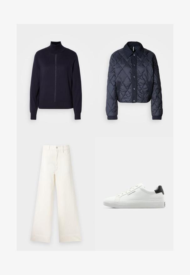 Tamsiai mėlynas paminkštintas švarkas su didele apykakle, mygtukų uždarymu ir elastingomis rankovėmis. Pasižymi įstrižainiais siūlais ir šoninėmis kišenėmis. Minkšta, lygi tekstūra.; Jūros mėlynos spalvos golfo megztinis, pagamintas iš minkštos verpalų medžiagos, su pusiau užtrauktuku priekyje, ilgomis rankovėmis ir prigludusia apatiniam kraštui. Minimalistinis dizainas, be raštų.; Platus kojų kelnes šviesiai smėlio spalvos medvilnės. Aukšta juosmens linija, priekinės kišenės ir tiesus kirpimas. Švarus apvadas be raštų.; Baldos suknelės sportbačiai su lygiu paviršiumi, juodu kulno akcentu ir raištelių dizainu. Šone matoma "Calvin Klein" prekės ženklo ženklas. Minimalistinio stiliaus.