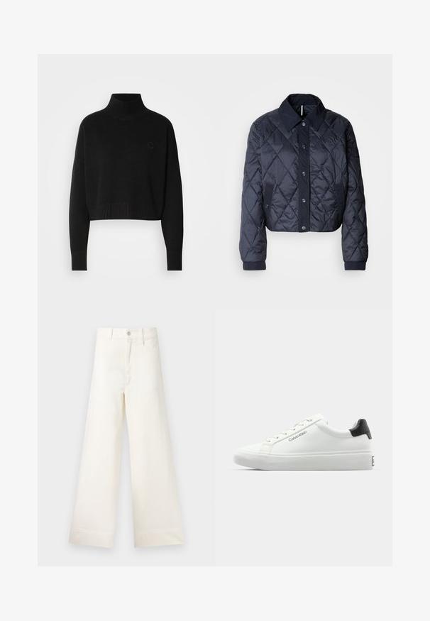 Jachetă matlasată de culoare bleumarin, cu un guler mare, închidere cu nasturi și manșete elastice. Prezintă cusături diagonale și buzunare laterale. Textură moale și netedă.; Pulover negru scurt, cu guler înalt cu nervuri, mâneci lungi, textură tricotată, având un mic logo pe piept.; Pantaloni cu croi larg din bumbac bej deschis. Prezintă talie înaltă, buzunare frontale și croi drept. Terminare netedă a tivului, fără modele.; Tenisii albi cu un finisaj neted, cu accent pe toc negru și design cu șireturi. Prezintă branding-ul "Calvin Klein" pe lateral. Stil minimalist.