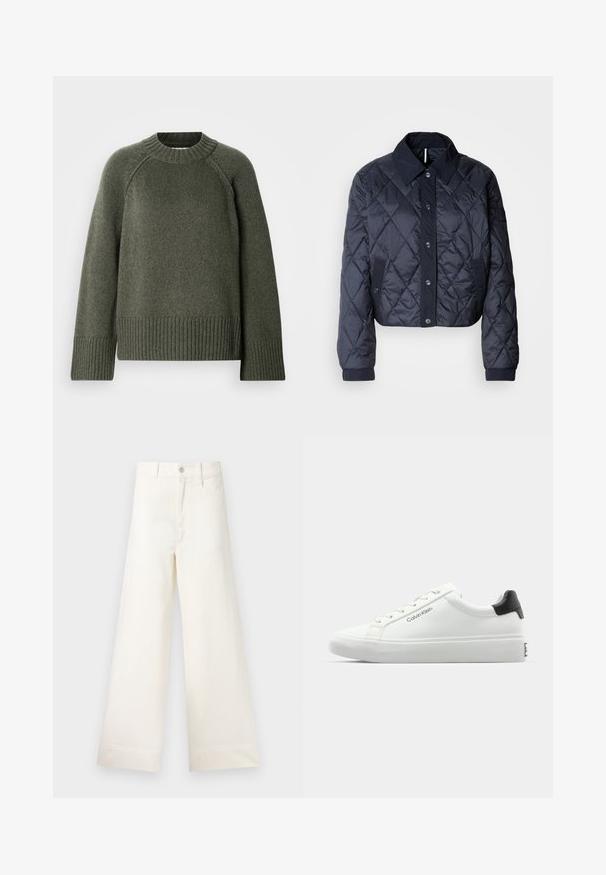 Marineblauer, gesteppter Regenmantel mit großem Kragen, Knopfverschluss vorne und elastischen Manschetten. Mit diagonaler Naht und Seitentaschen. Weiche, glatte Textur.; Grüner Strickpullover mit Rundhalsausschnitt, Raglanärmeln sowie geripptem Saum und Bündchen. Hergestellt aus einem weichen, strukturierten Material.; Weite Hosen aus hellem beigen Baumwollstoff. Mit hoher Taille, vorderen Taschen und geradem Schnitt. Saubere Saumverarbeitung ohne Muster.; Weißer Sneaker mit glatter Oberfläche, schwarzem Absatz und Schnürdesign. Mit "Calvin Klein"-Branding an der Seite. Minimalistischer Stil.