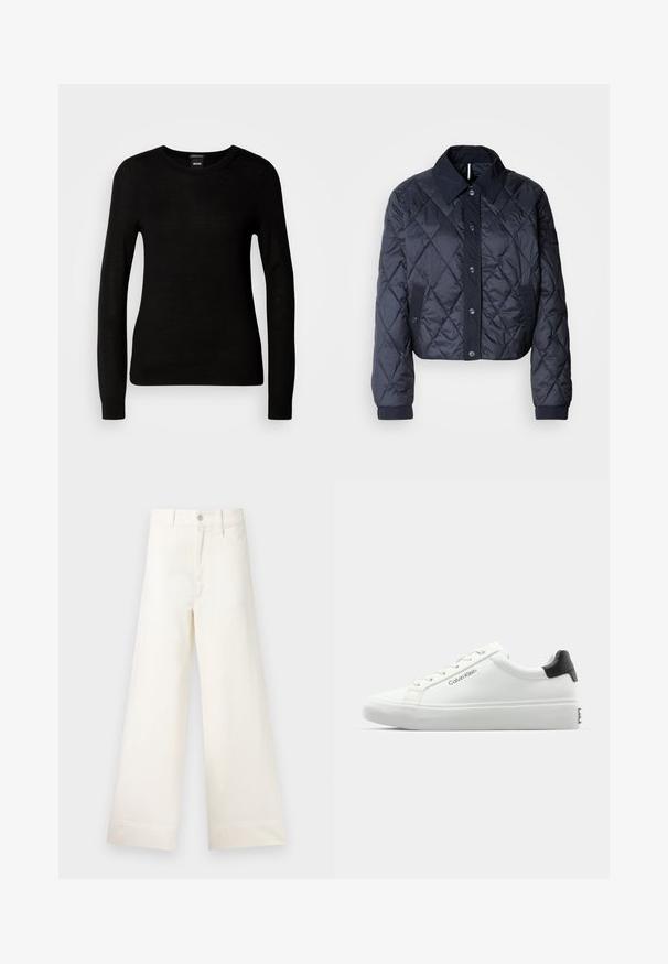 Tmavě modrá prošívaná bunda s velkým límcem, zapínáním na knoflíky a elastickými manžetami. Má diagonální prošití a boční kapsy. Měkká, hladká textura.; Černý svetr vyrobený z jemného pleteného materiálu, s kulatým výstřihem a dlouhými rukávy se přiléhavými manžetami. Žádné viditelné vzory ani ozdoby.; Kalhoty s širokými nohavicemi v světle béžové bavlně. Mají vysoký pas, přední kapsy a rovný střih. Čistý lem bez vzorů.; Bílé tenisky s hladkým povrchem, černým akcentem na patě a šněrovacím designem. Na boku mají značku "Calvin Klein". Minimalistický styl.