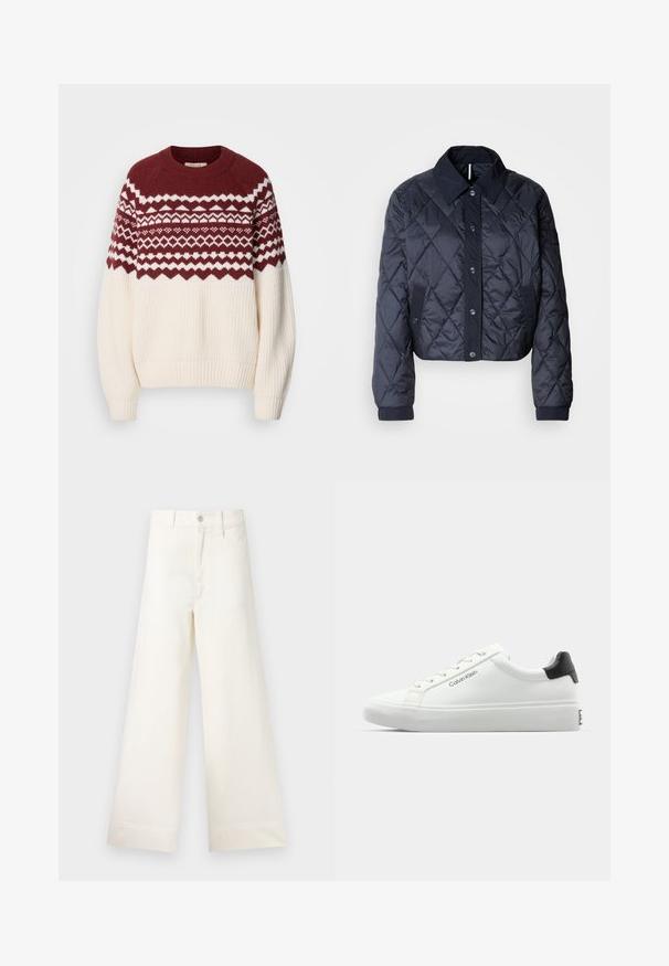 Tumedat sinise värvi tikandiga jakk suure krae, nööpidega esituse ja elastsete mansettidega. Omab diagonaalõmblusi ja küljetaskuid. Pehme, sile tekstuur.; Kootud kampsun marooni ja valge geomeetrilise mustriga yoke'il, koonusheite kehaga, soonikute ja äärtega. Ümara kaelusega.; Laiad püksid heleses puuvillas. Omavad kõrget vööd, ees on taskud ja sirge lõige. Puhtad ääred ilma mustriteta.; Valge tennisekenks, millel on sile viimistlus, must kontsatarvik ja paelaga disain. Küljel on "Calvin Klein" bränditus. Minimalistlik stiil.