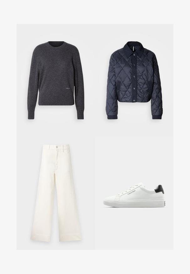 Tumedat sinise värvi tikandiga jakk suure krae, nööpidega esituse ja elastsete mansettidega. Omab diagonaalõmblusi ja küljetaskuid. Pehme, sile tekstuur.; Tumedast hall meresüda, mis on valmistatud pehmest kangast. Omab pikki varrukaid, soonikuid varrukateotsi ja diskreetset logo detaili alumisel ees.; Laiad püksid heleses puuvillas. Omavad kõrget vööd, ees on taskud ja sirge lõige. Puhtad ääred ilma mustriteta.; Valge tennisekenks, millel on sile viimistlus, must kontsatarvik ja paelaga disain. Küljel on "Calvin Klein" bränditus. Minimalistlik stiil.