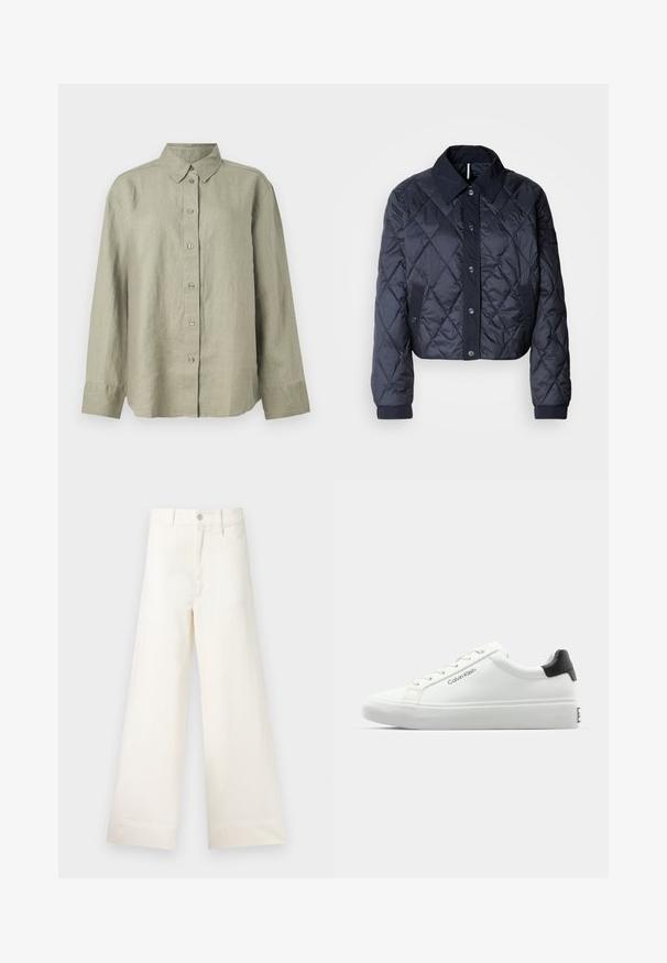 Sötétkék steppelt dzseki nagy gallérral, gombos elülső résszel és rugalmas mandzsettákkal. Áttört varrásokkal és oldalsó zsebekkel rendelkezik. Puha, sima textúrájú.; Világoszöld vászon gombos ing kerek nyakkal, hosszú ujjakkal, elülső gombolóval, amelyen hat gomb található. Puha tapintású és laza szabású.; Világos bézs pamut széles lábú nadrág. Magas derék, elülső zsebek és egyenes vonalú fazon jellemzi. Tiszta, mintázat nélküli hem befejezés.; Fehér sneaker sima felülettel, fekete sarok akcentussal és fűzős dizájnnal. Oldalán "Calvin Klein" márkázás található. Minimalista stílus.