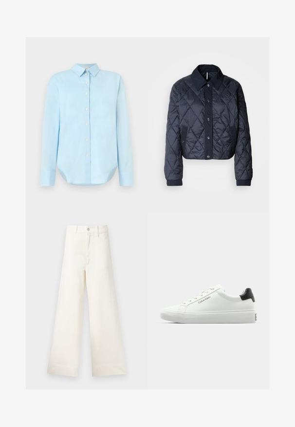 Navy blue quilted jacket with a large collar, button front, and elastic cuffs. Features diagonal stitching and side pockets. Soft, smooth texture.; Light blue button-up shirt with long sleeves, a collar, rounded hem, and five front buttons; made of smooth, lightweight fabric.; Wide-leg trousers in light beige cotton. Features a high waist, front pockets, and a straight cut. Clean hem finishing without patterns.; White sneaker with a smooth finish, black heel accent, and lace-up design. Features "Calvin Klein" branding on the side. Minimalist style.