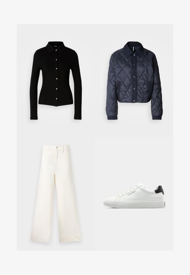 Navy blue quilted jacket with a large collar, button front, and elastic cuffs. Features diagonal stitching and side pockets. Soft, smooth texture.; Black ribbed long-sleeve shirt with a collared neckline, featuring gold buttons down the front and a fitted silhouette.; Wide-leg trousers in light beige cotton. Features a high waist, front pockets, and a straight cut. Clean hem finishing without patterns.; White sneaker with a smooth finish, black heel accent, and lace-up design. Features "Calvin Klein" branding on the side. Minimalist style.