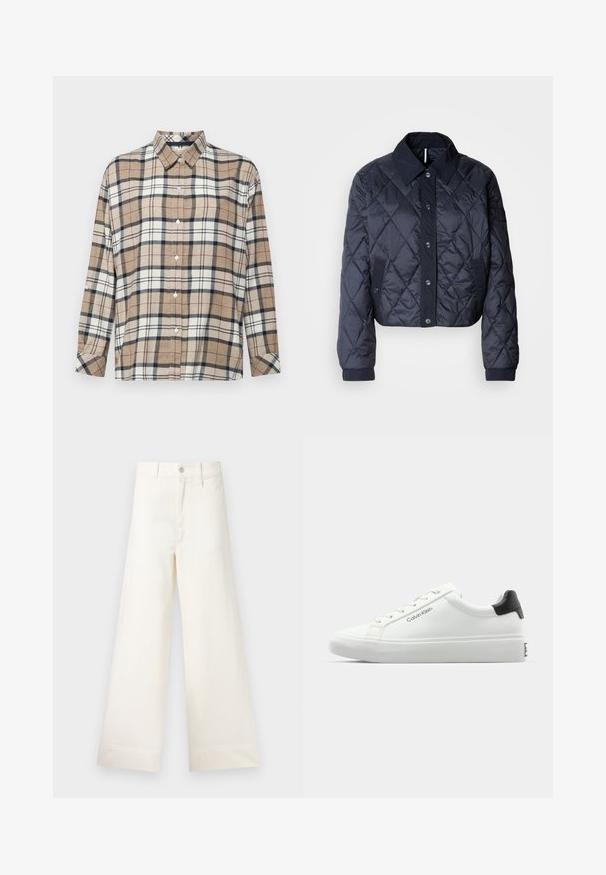 Navy blue quilted jacket with a large collar, button front, and elastic cuffs. Features diagonal stitching and side pockets. Soft, smooth texture.; Beige, plaid shirt featuring navy, red, and white intersecting lines. Made of soft material with a button-up front and rolled sleeves.; Wide-leg trousers in light beige cotton. Features a high waist, front pockets, and a straight cut. Clean hem finishing without patterns.; White sneaker with a smooth finish, black heel accent, and lace-up design. Features "Calvin Klein" branding on the side. Minimalist style.
