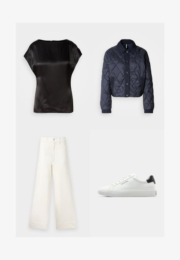Námornícky modrá prešívaná bunda s veľkým golierom, predným zapínaním na gombíky a elastickými manžetami. Obsahuje diagonálne prešitie a bočné vrecká. Mäkká, hladká štruktúra.; Čierny saténový top s lodičkovým výstrihom, krátkymi rukávmi a jemným leskom. Obsahuje skrytý zips na zadnej strane pre zapínanie. Hladká textúra.; Široké nohavice z ľahkej béžovej bavlny. Majú vysoký pás, predné vrecká a rovný strih. Čisté ukončenie bez vzorov.; Biele tenisky s hladkým povrchom, čiernym akcentom na päte a šnurovacími detailmi. Na boku je značka "Calvin Klein". Minimalistický štýl.
