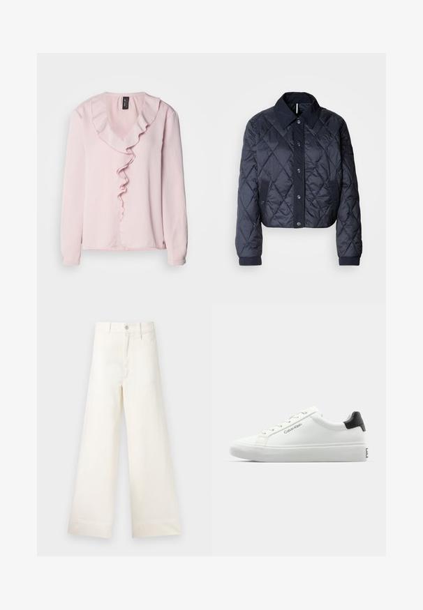 Navy blue quilted jacket with a large collar, button front, and elastic cuffs. Features diagonal stitching and side pockets. Soft, smooth texture.; Light pink long-sleeve blouse with a V-neck featuring a decorative ruffle along the front. Soft fabric, casual fit.; Wide-leg trousers in light beige cotton. Features a high waist, front pockets, and a straight cut. Clean hem finishing without patterns.; White sneaker with a smooth finish, black heel accent, and lace-up design. Features "Calvin Klein" branding on the side. Minimalist style.