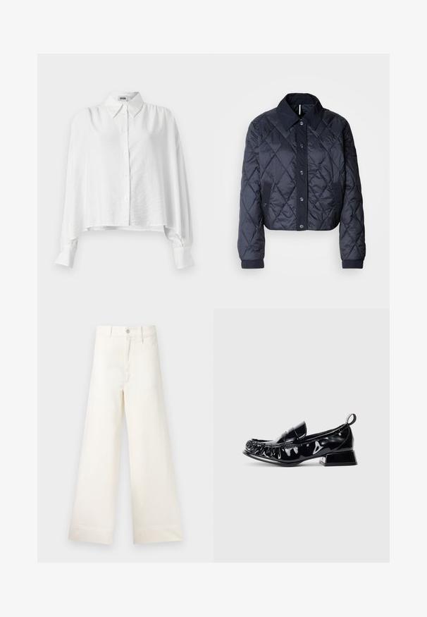 Chaqueta acolchada de color azul marino con un gran cuello, cierre de botones y puños elásticos. Presenta costuras diagonales y bolsillos laterales. Textura suave y lisa.; Camisa blanca de botones con un corte relajado, que presenta un cuello extendido, mangas largas y un dobladillo ligeramente recortado. Tela suave y ligera.; Pantalones de pierna ancha en algodón beige claro. Presenta una cintura alta, bolsillos frontales y un corte recto. Acabado de dobladillo limpio sin patrones.; Mocasines de charol negro con punta cuadrada, detalles fruncidos, tacón bajo y parte trasera con tirador sobre un fondo blanco.
