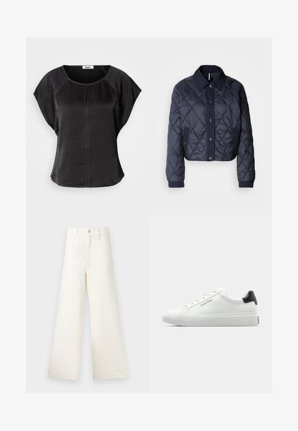 Mornarsko modra kvačkana jakna z velikim ovratnikom, gumbi spredaj in elastičnimi manšetami. Ima diagonalno šivanje in stranske žepe. Mehka, gladka tekstura.; Črni kratkosleevni top z ohlapnim krojem, okroglim izrezom in kontrastnim bež šivom spredaj ter vzdolž šivov.; Široke hlače iz svetlo bež bombaža. Imajo visoko pas, sprednje žepke in ravno krojenje. Čist zaključek brez vzorcev.; Beli športni čevelj z gladko površino, črnim podplatom in sistemom vezalk. Na strani je oznaka "Calvin Klein". Minimalističen slog.