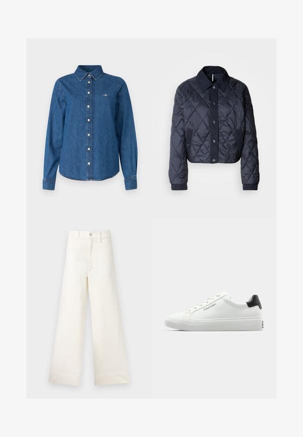 Navy blue quilted jacket with a large collar, button front, and elastic cuffs. Features diagonal stitching and side pockets. Soft, smooth texture.; GANT REG - Button-down blouse - indigo; Wide-leg trousers in light beige cotton. Features a high waist, front pockets, and a straight cut. Clean hem finishing without patterns.; White sneaker with a smooth finish, black heel accent, and lace-up design. Features "Calvin Klein" branding on the side. Minimalist style.